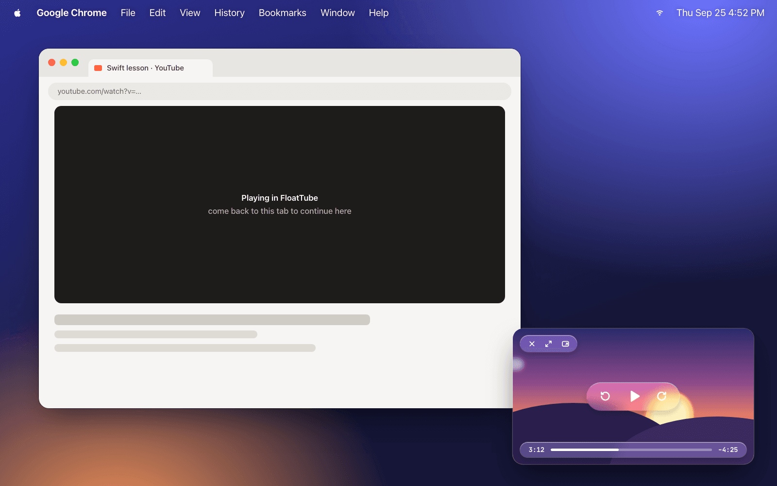 FloatTube — the floating player over Chrome, with the tab showing the video moved out